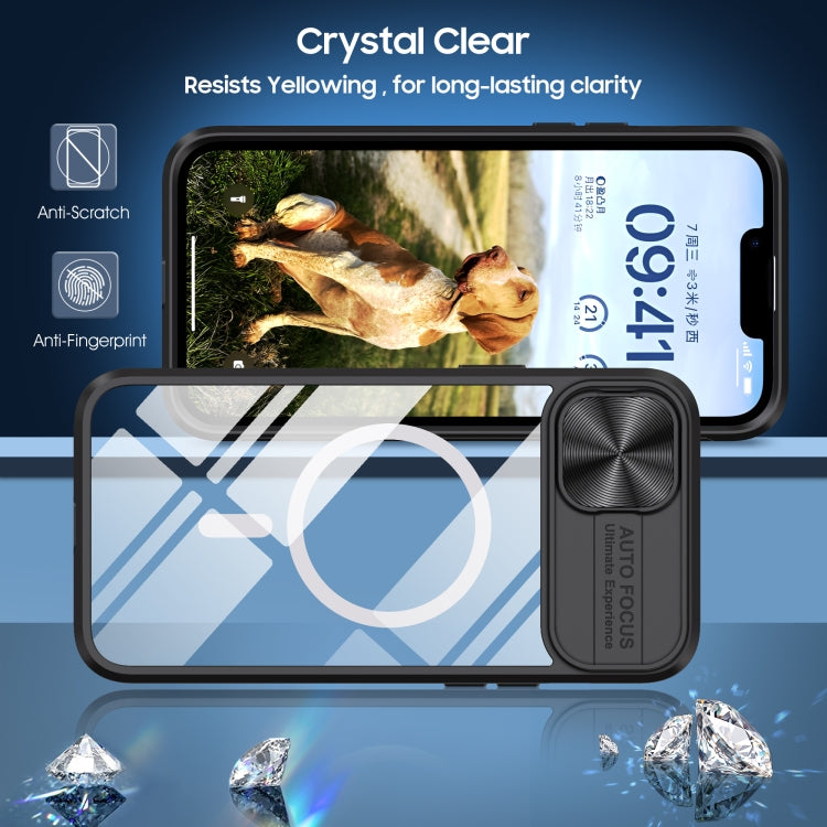 For iPhone 14 Plus Clear Acrylic + PC + TPU MagSafe Lens Sliding Cover Full Coverage Phone Case