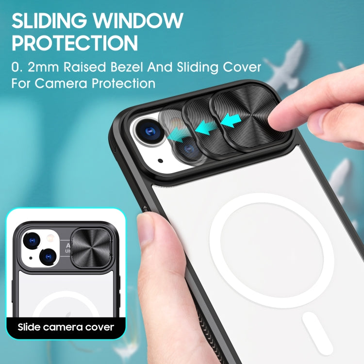 For iPhone 14 Plus Clear Acrylic + PC + TPU MagSafe Lens Sliding Cover Full Coverage Phone Case