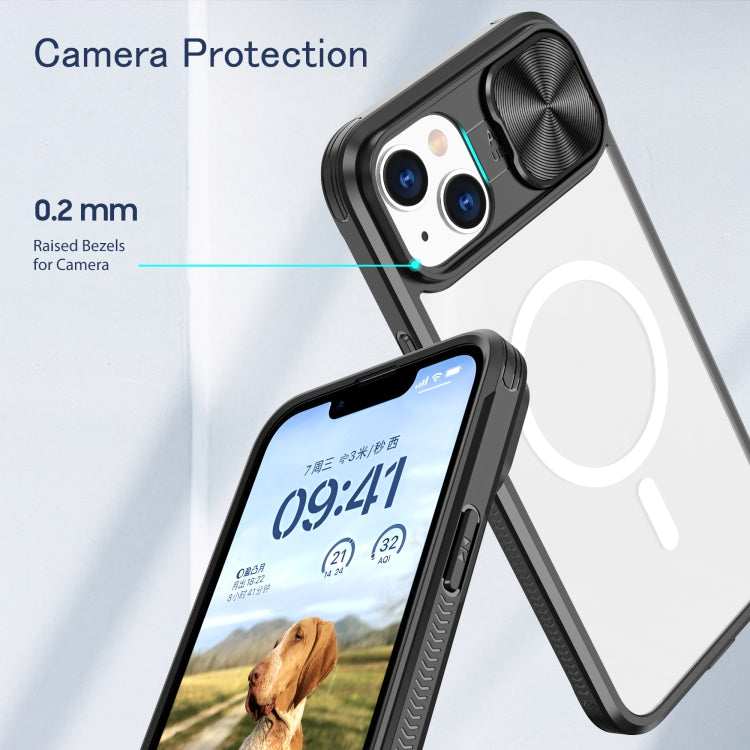 For iPhone 14 Plus Clear Acrylic + PC + TPU MagSafe Lens Sliding Cover Full Coverage Phone Case