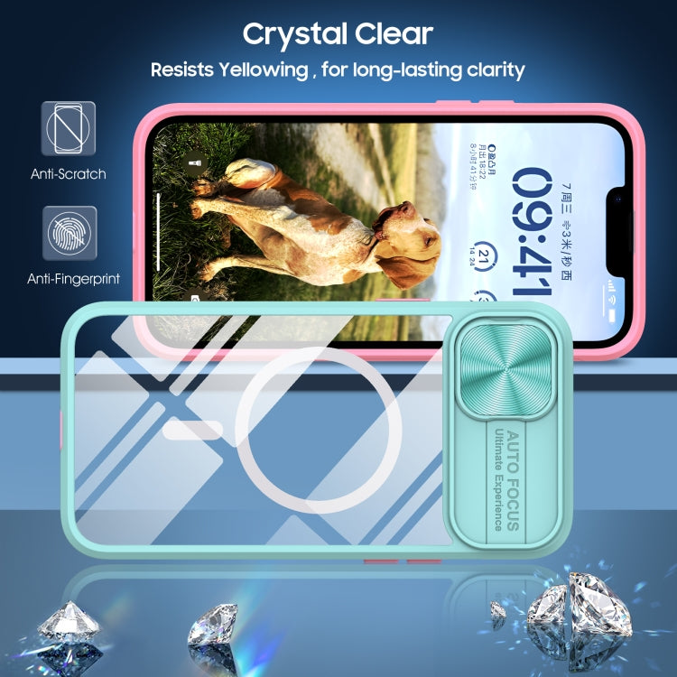 For iPhone 14 Plus Clear Acrylic + PC + TPU MagSafe Lens Sliding Cover Full Coverage Phone Case