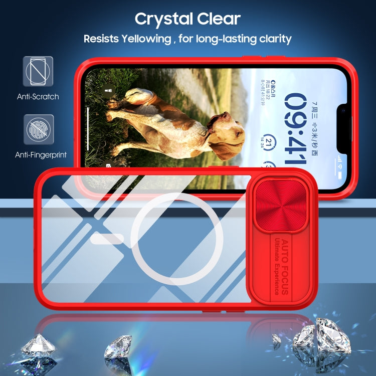 For iPhone 14 Plus Clear Acrylic + PC + TPU MagSafe Lens Sliding Cover Full Coverage Phone Case