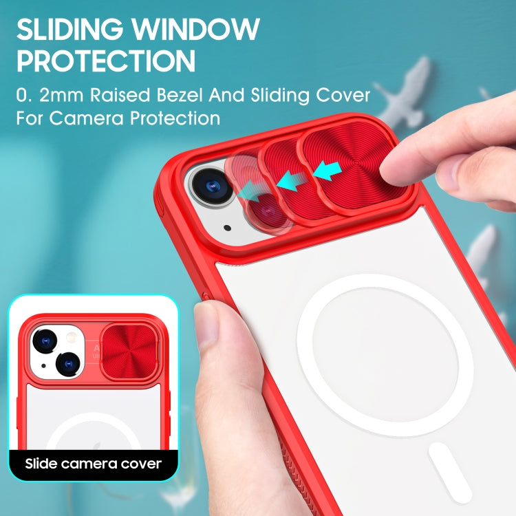 For iPhone 14 Plus Clear Acrylic + PC + TPU MagSafe Lens Sliding Cover Full Coverage Phone Case