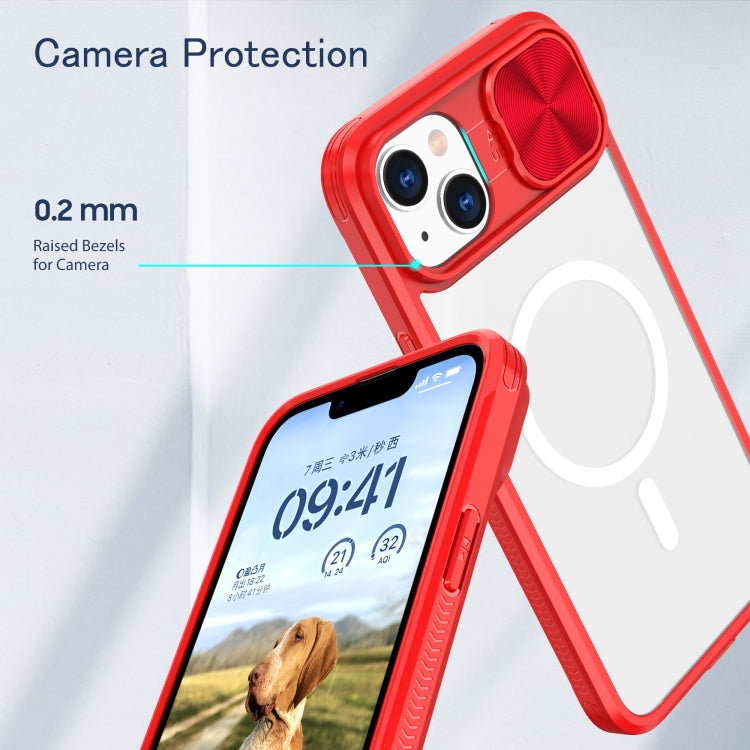 For iPhone 14 Plus Clear Acrylic + PC + TPU MagSafe Lens Sliding Cover Full Coverage Phone Case