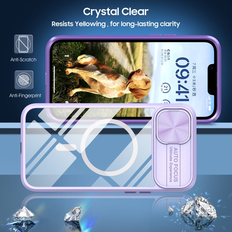 For iPhone 14 Plus Clear Acrylic + PC + TPU MagSafe Lens Sliding Cover Full Coverage Phone Case
