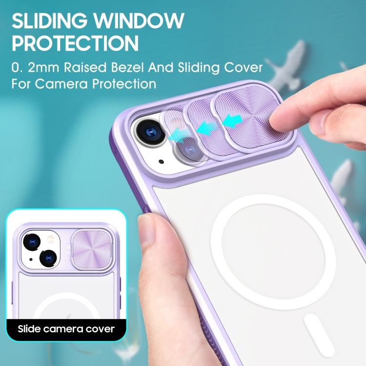 For iPhone 14 Plus Clear Acrylic + PC + TPU MagSafe Lens Sliding Cover Full Coverage Phone Case