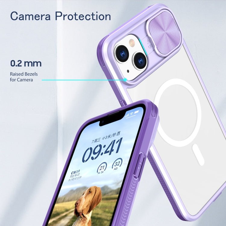 For iPhone 14 Plus Clear Acrylic + PC + TPU MagSafe Lens Sliding Cover Full Coverage Phone Case