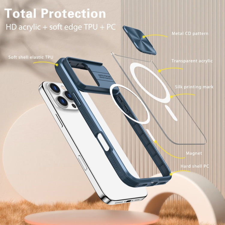 For iPhone 16 Pro Clear Acrylic + PC + TPU MagSafe Lens Sliding Cover Full Coverage Phone Case