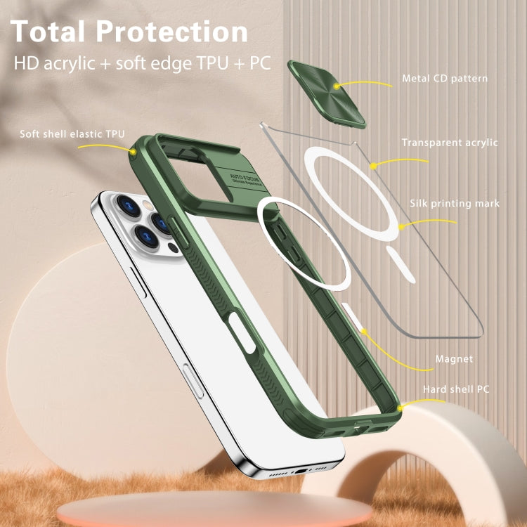 For iPhone 16 Pro Clear Acrylic + PC + TPU MagSafe Lens Sliding Cover Full Coverage Phone Case