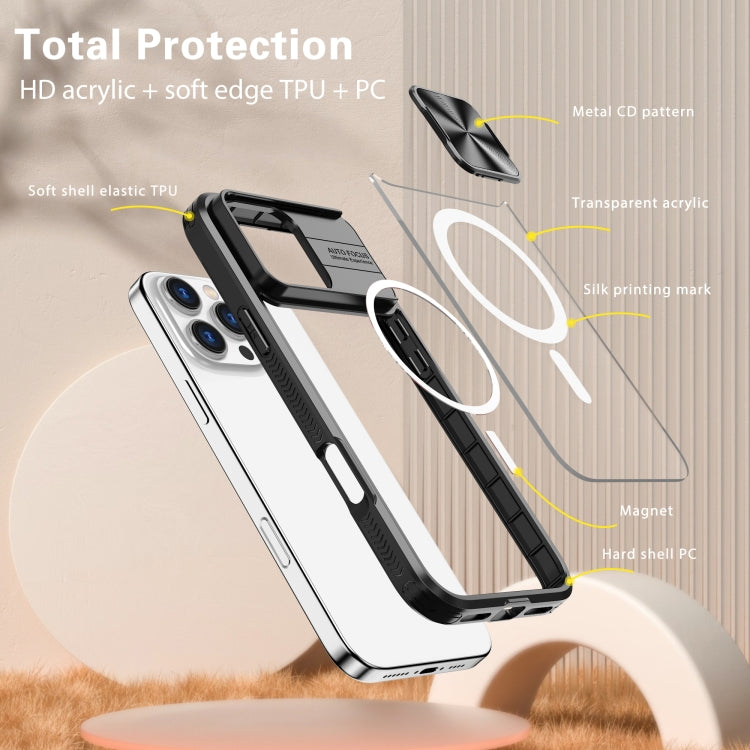For iPhone 16 Pro Clear Acrylic + PC + TPU MagSafe Lens Sliding Cover Full Coverage Phone Case