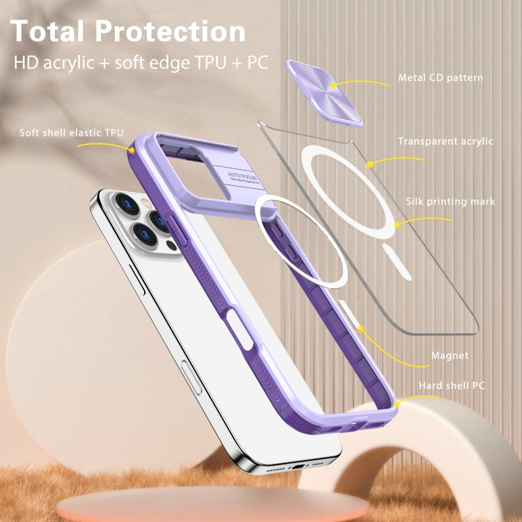 For iPhone 16 Pro Clear Acrylic + PC + TPU MagSafe Lens Sliding Cover Full Coverage Phone Case