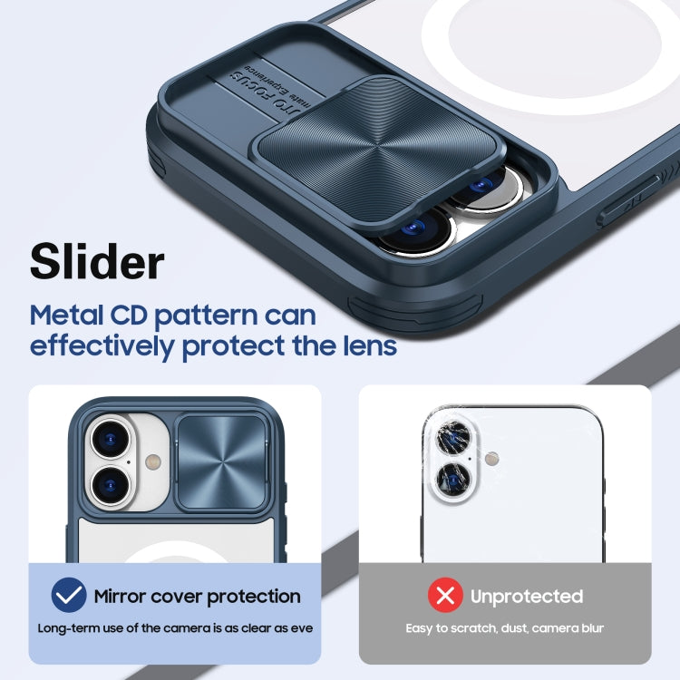 For iPhone 16 Plus Clear Acrylic + PC + TPU MagSafe Lens Sliding Cover Full Coverage Phone Case
