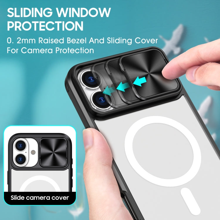 For iPhone 16 Plus Clear Acrylic + PC + TPU MagSafe Lens Sliding Cover Full Coverage Phone Case