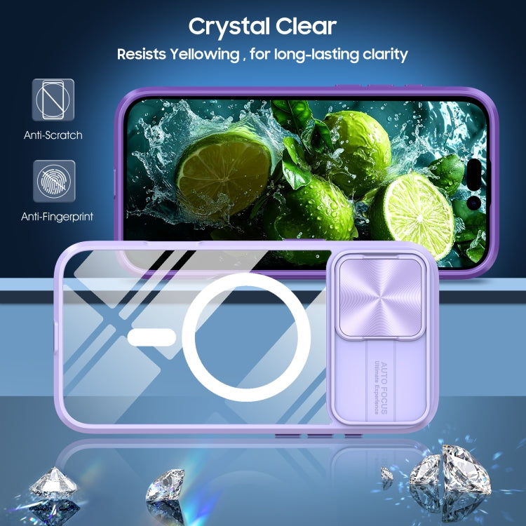 For iPhone 16 Plus Clear Acrylic + PC + TPU MagSafe Lens Sliding Cover Full Coverage Phone Case