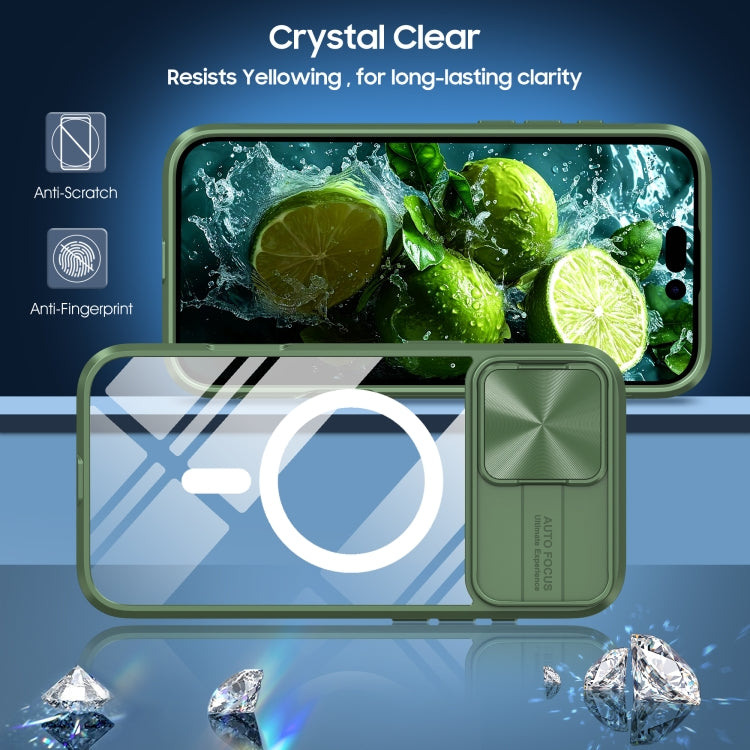 For iPhone 16 Clear Acrylic + PC + TPU MagSafe Lens Sliding Cover Full Coverage Phone Case