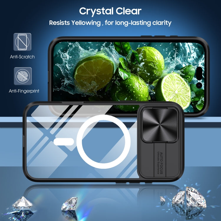 For iPhone 16 Clear Acrylic + PC + TPU MagSafe Lens Sliding Cover Full Coverage Phone Case