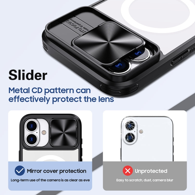 For iPhone 16 Clear Acrylic + PC + TPU MagSafe Lens Sliding Cover Full Coverage Phone Case