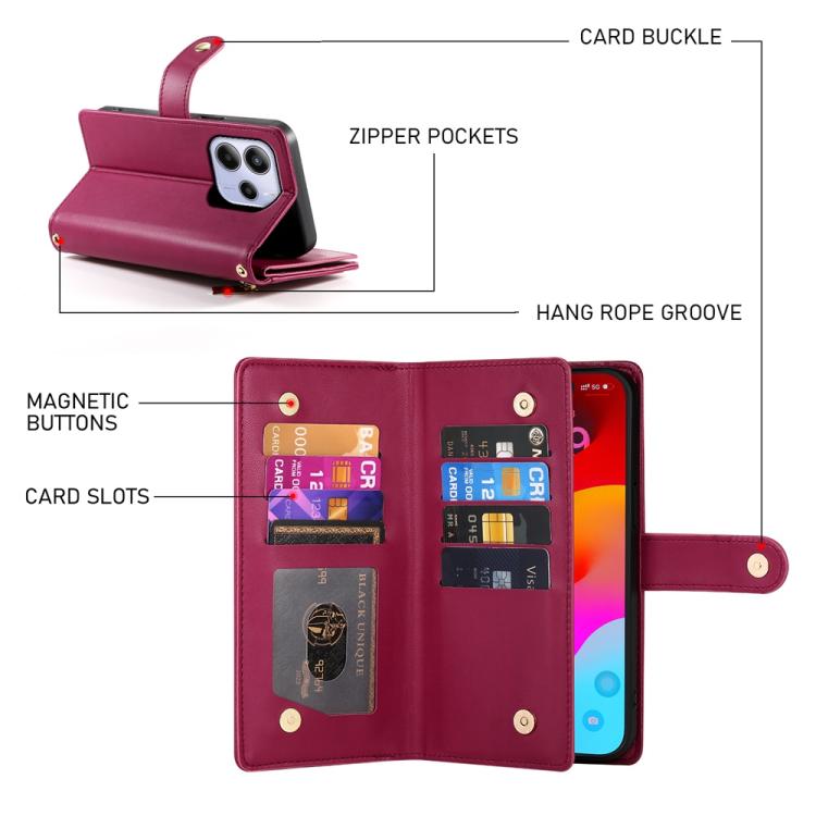 For Redmi Note 14 4G 163.25mm Global Nine Card-slot Zipper Wallet Bag Leather Phone Case