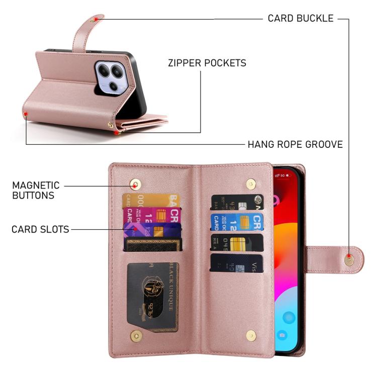 For Redmi Note 14 4G 163.25mm Global Nine Card-slot Zipper Wallet Bag Leather Phone Case