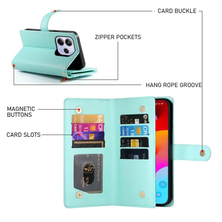 For Redmi Note 14 4G 163.25mm Global Nine Card-slot Zipper Wallet Bag Leather Phone Case