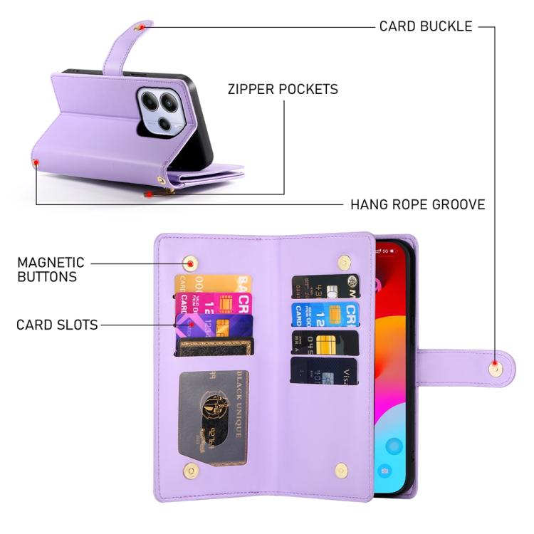 For Redmi Note 14 4G 163.25mm Global Nine Card-slot Zipper Wallet Bag Leather Phone Case