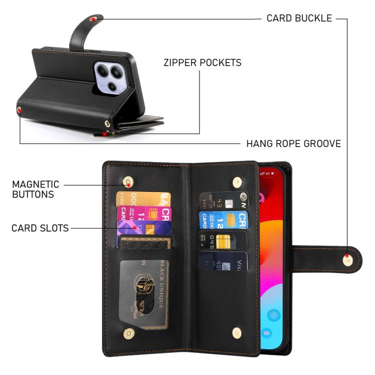 For Redmi Note 14 4G 163.25mm Global Nine Card-slot Zipper Wallet Bag Leather Phone Case