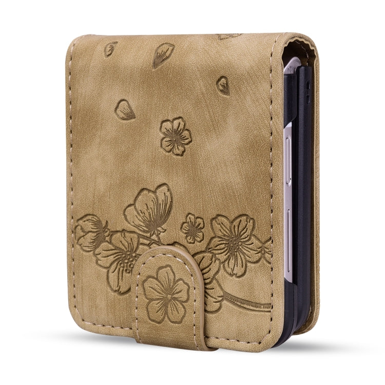 For Samsung Galaxy Z Flip5 Cartoon Sakura Cat Embossed Leather Phone Case