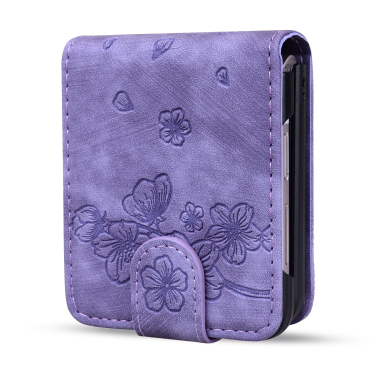 For Samsung Galaxy Z Flip5 Cartoon Sakura Cat Embossed Leather Phone Case