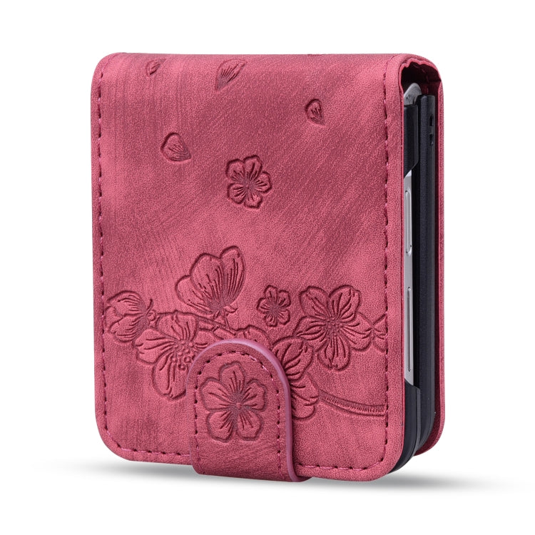 For Samsung Galaxy Z Flip5 Cartoon Sakura Cat Embossed Leather Phone Case