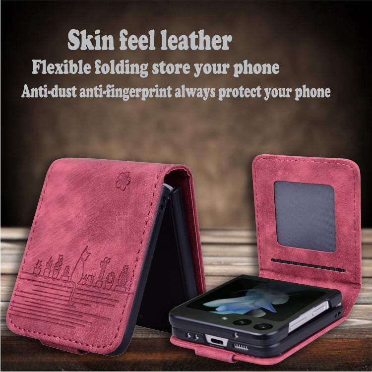 For Samsung Galaxy Z Flip5 Cartoon Sakura Cat Embossed Leather Phone Case