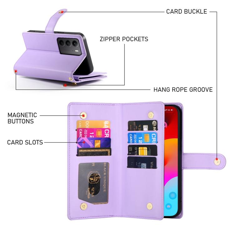 For Realme C75 / Realme 14x Nine Card-slot Zipper Wallet Bag Leather Phone Case