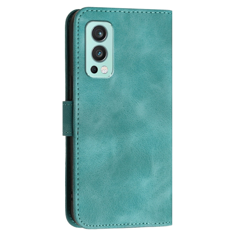 For OnePlus Nord 2 5G Grid Butterfly Embossed Pattern Flip Leather Phone Case with Lanyard