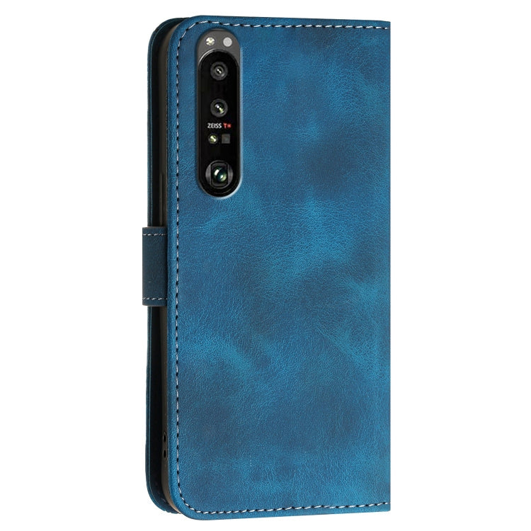 For Sony Xperia 1 III Grid Butterfly Embossed Pattern Leather Phone Case with Lanyard