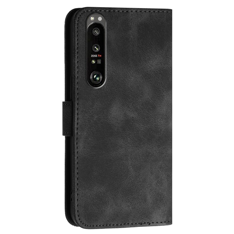 For Sony Xperia 1 III Grid Butterfly Embossed Pattern Leather Phone Case with Lanyard