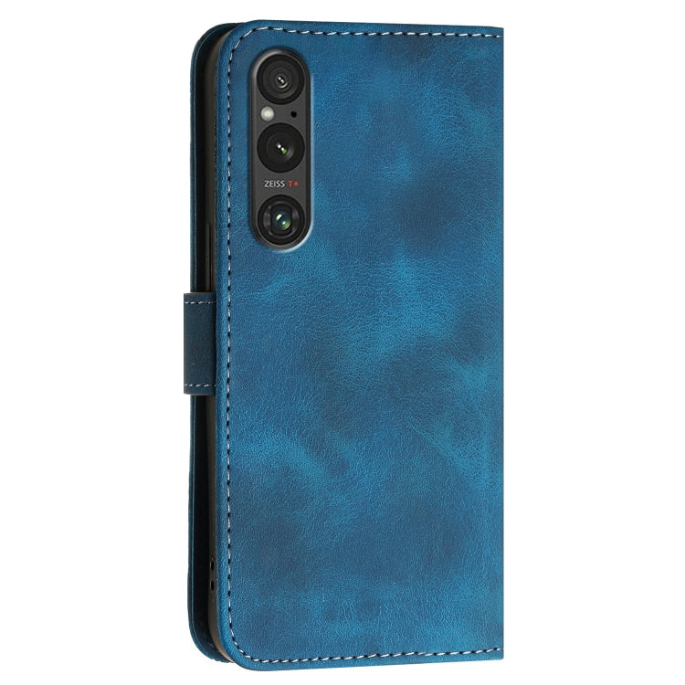 For Sony Xperia 1 V 2023 Grid Butterfly Embossed Pattern Leather Phone Case with Lanyard