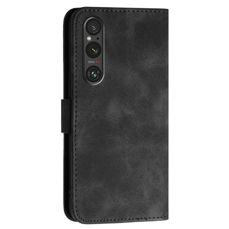 For Sony Xperia 1 V 2023 Grid Butterfly Embossed Pattern Leather Phone Case with Lanyard
