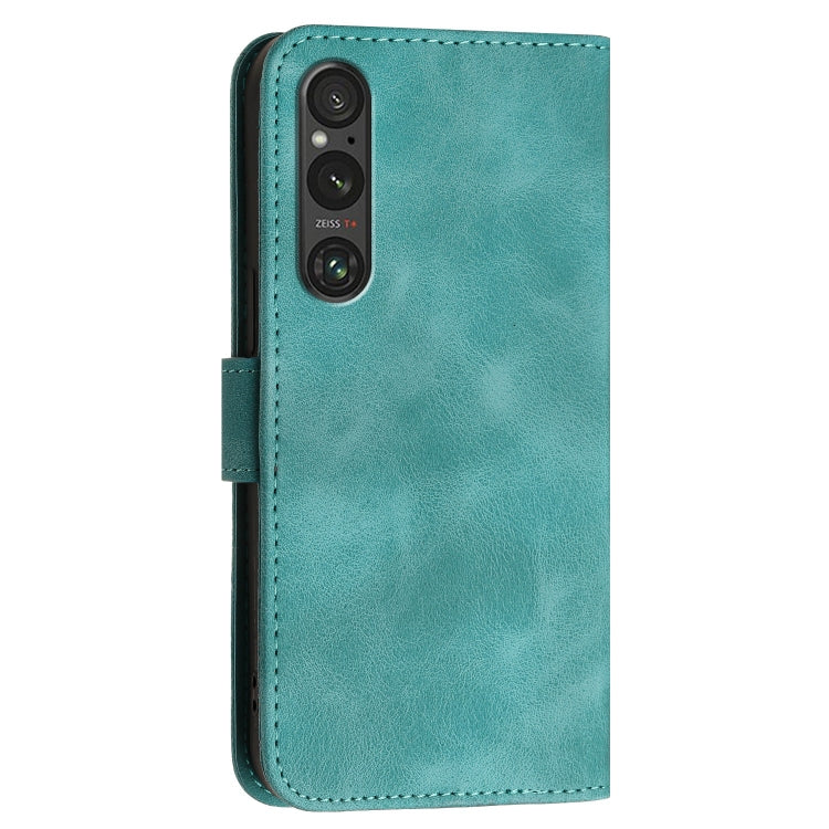For Sony Xperia 1 V 2023 Grid Butterfly Embossed Pattern Leather Phone Case with Lanyard