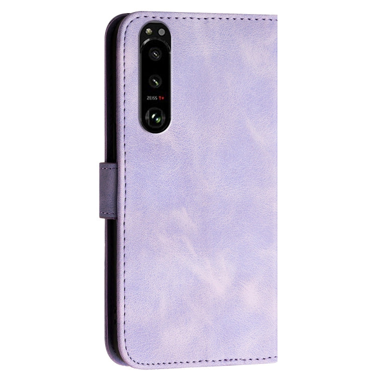For Sony Xperia 5 III Grid Butterfly Embossed Pattern Leather Phone Case with Lanyard
