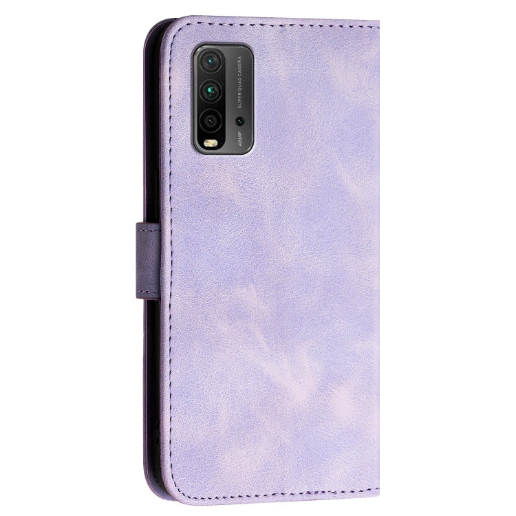 For Redmi 9T Grid Butterfly Embossed Pattern Leather Phone Case with Lanyard