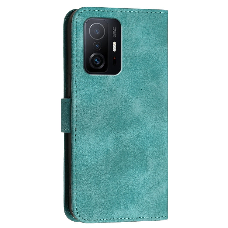 For Xiaomi Mi 11T Grid Butterfly Embossed Pattern Leather Phone Case with Lanyard
