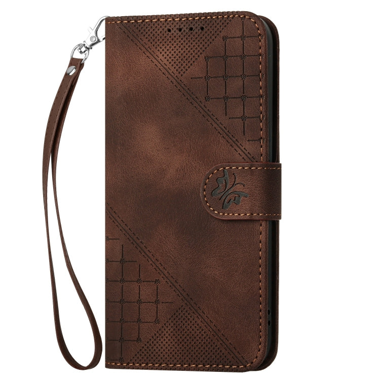 For Xiaomi Pocophone F1 Grid Butterfly Embossed Pattern Leather Phone Case with Lanyard