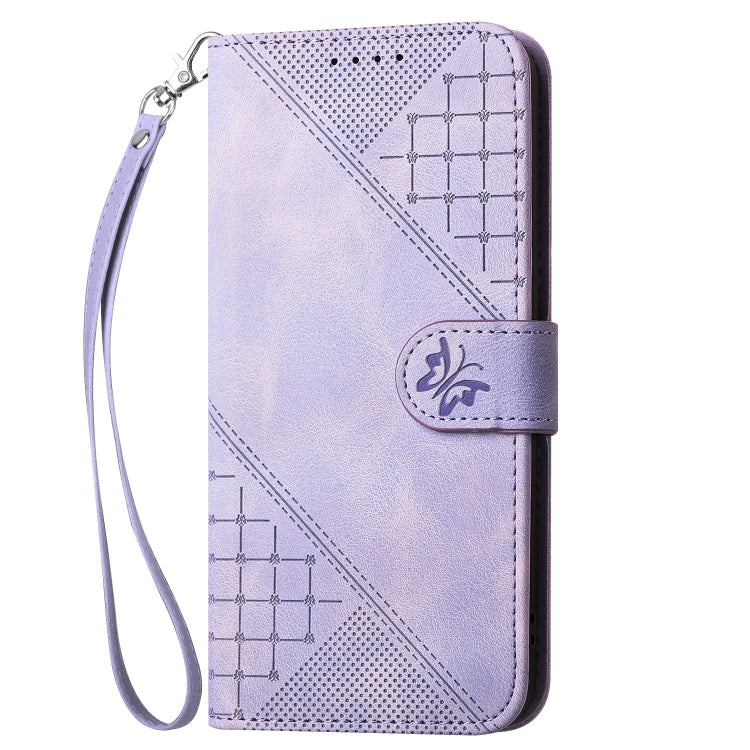 For Xiaomi Pocophone F1 Grid Butterfly Embossed Pattern Leather Phone Case with Lanyard