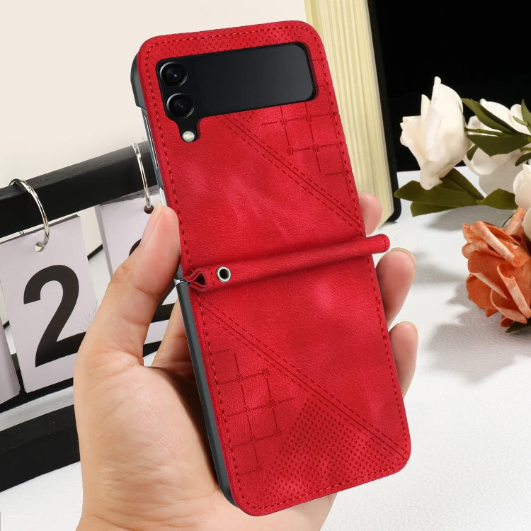 For Samsung Galaxy Z Flip3 5G YX0080 Grid Butterfly Embossed Pattern Flip Leather Phone Case with Lanyard