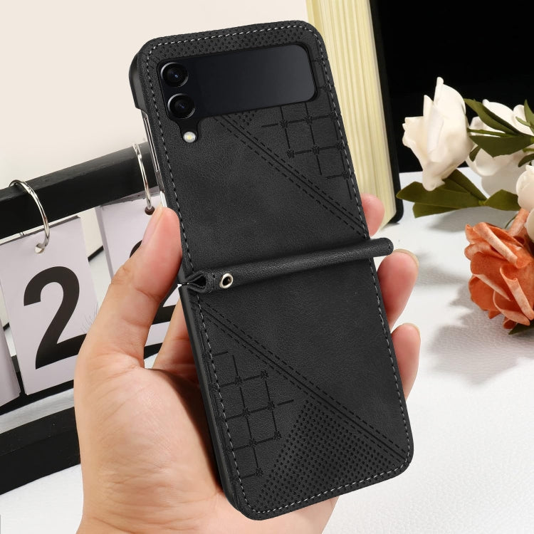 For Samsung Galaxy Z Flip4 YX0080 Grid Butterfly Embossed Pattern Flip Leather Phone Case with Lanyard