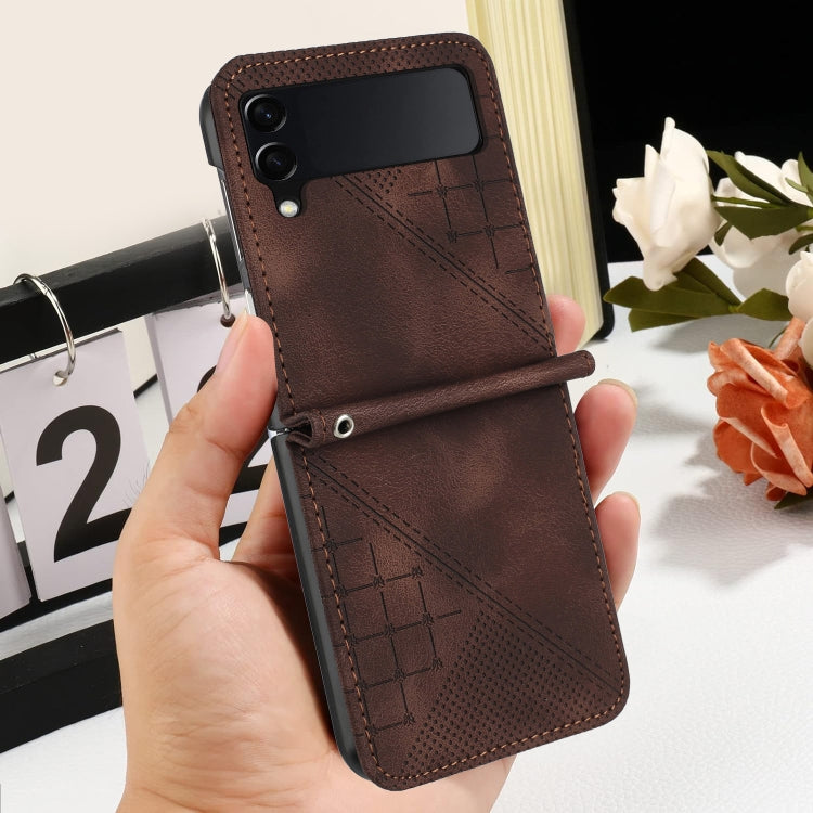 For Samsung Galaxy Z Flip4 YX0080 Grid Butterfly Embossed Pattern Flip Leather Phone Case with Lanyard