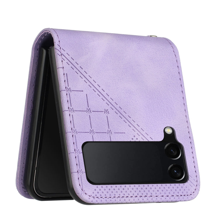 For Samsung Galaxy Z Flip4 YX0080 Grid Butterfly Embossed Pattern Flip Leather Phone Case with Lanyard