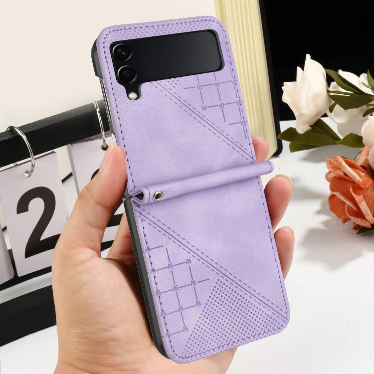 For Samsung Galaxy Z Flip4 YX0080 Grid Butterfly Embossed Pattern Flip Leather Phone Case with Lanyard