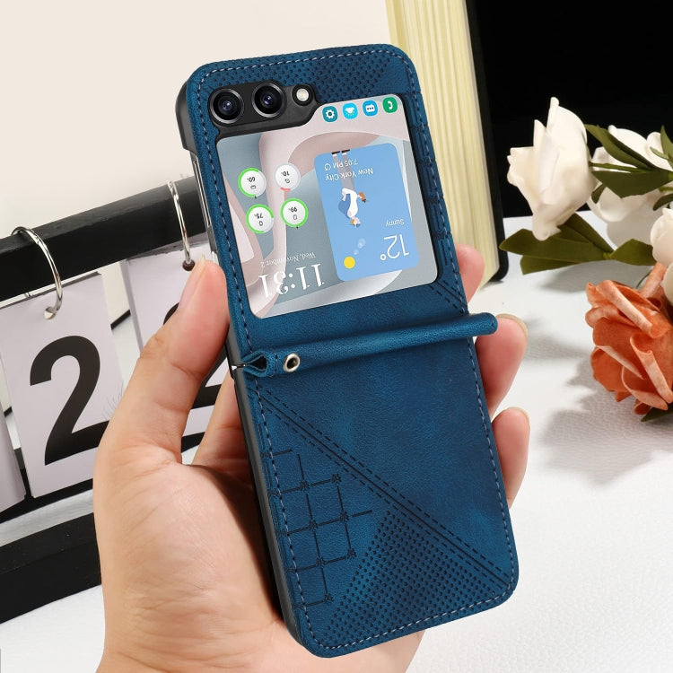 For Samsung Galaxy Z Flip5 YX0080 Grid Butterfly Embossed Pattern Flip Leather Phone Case with Lanyard