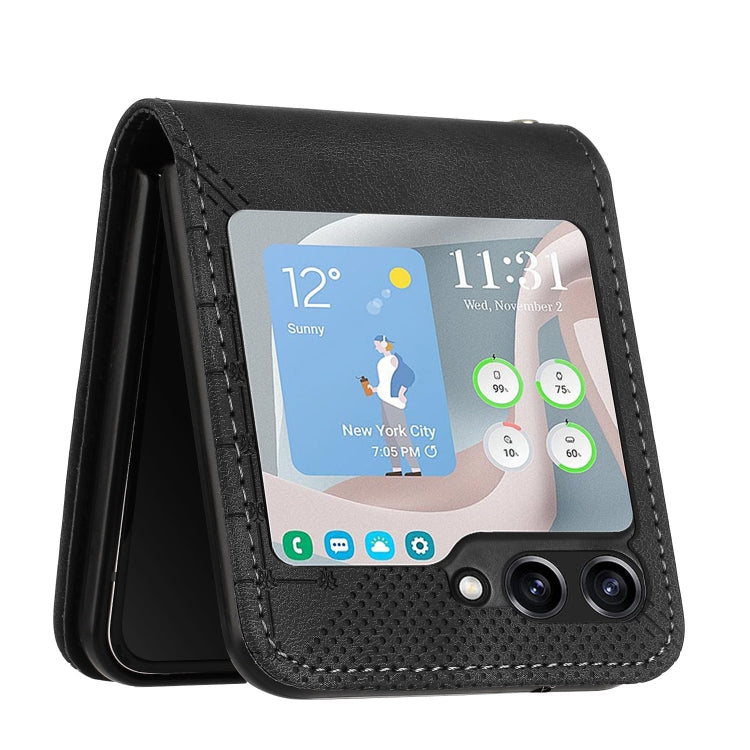 For Samsung Galaxy Z Flip5 YX0080 Grid Butterfly Embossed Pattern Flip Leather Phone Case with Lanyard
