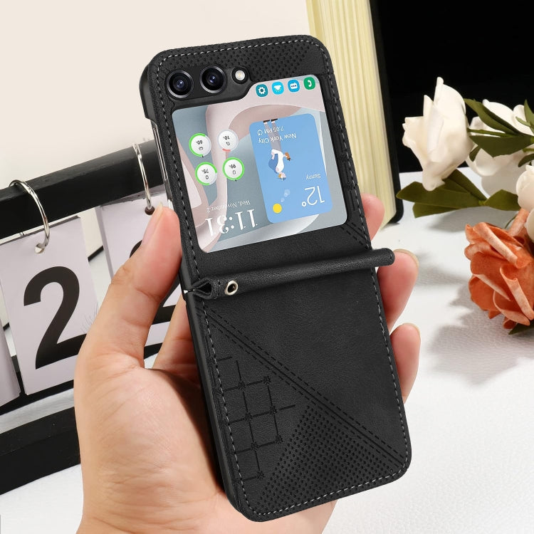 For Samsung Galaxy Z Flip5 YX0080 Grid Butterfly Embossed Pattern Flip Leather Phone Case with Lanyard