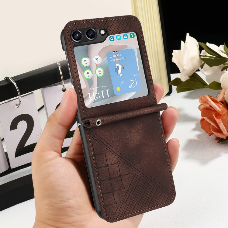 For Samsung Galaxy Z Flip5 YX0080 Grid Butterfly Embossed Pattern Flip Leather Phone Case with Lanyard